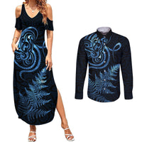 New Zealand Octopus Tattoo and Fern Couples Matching Summer Maxi Dress and Long Sleeve Button Shirt Maori Pattern Matariki Style LT03 Blue - Polynesian Pride