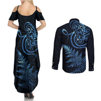 New Zealand Octopus Tattoo and Fern Couples Matching Summer Maxi Dress and Long Sleeve Button Shirt Maori Pattern Matariki Style LT03 - Polynesian Pride