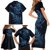 New Zealand Octopus Tattoo and Fern Family Matching Short Sleeve Bodycon Dress and Hawaiian Shirt Maori Pattern Matariki Style LT03 - Polynesian Pride