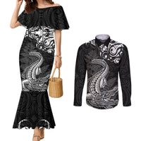 New Zealand Crocodile Tattoo and Fern Couples Matching Mermaid Dress and Long Sleeve Button Shirt Maori Pattern LT03 Black - Polynesian Pride