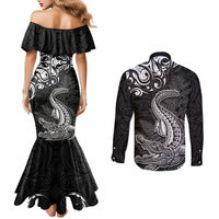 New Zealand Crocodile Tattoo and Fern Couples Matching Mermaid Dress and Long Sleeve Button Shirt Maori Pattern LT03 - Polynesian Pride