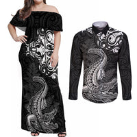 New Zealand Crocodile Tattoo and Fern Couples Matching Off Shoulder Maxi Dress and Long Sleeve Button Shirt Maori Pattern LT03 Black - Polynesian Pride