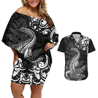New Zealand Crocodile Tattoo and Fern Couples Matching Off Shoulder Short Dress and Hawaiian Shirt Maori Pattern LT03 Black - Polynesian Pride