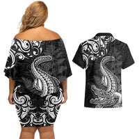 New Zealand Crocodile Tattoo and Fern Couples Matching Off Shoulder Short Dress and Hawaiian Shirt Maori Pattern LT03 - Polynesian Pride