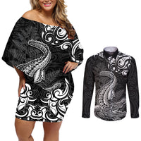 New Zealand Crocodile Tattoo and Fern Couples Matching Off Shoulder Short Dress and Long Sleeve Button Shirt Maori Pattern LT03 Black - Polynesian Pride