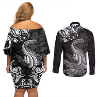 New Zealand Crocodile Tattoo and Fern Couples Matching Off Shoulder Short Dress and Long Sleeve Button Shirt Maori Pattern LT03 - Polynesian Pride