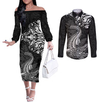 New Zealand Crocodile Tattoo and Fern Couples Matching Off The Shoulder Long Sleeve Dress and Long Sleeve Button Shirt Maori Pattern LT03 Black - Polynesian Pride