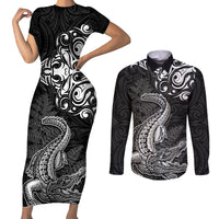 New Zealand Crocodile Tattoo and Fern Couples Matching Short Sleeve Bodycon Dress and Long Sleeve Button Shirt Maori Pattern LT03 Black - Polynesian Pride