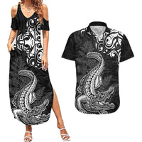 New Zealand Crocodile Tattoo and Fern Couples Matching Summer Maxi Dress and Hawaiian Shirt Maori Pattern LT03 Black - Polynesian Pride