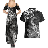 New Zealand Crocodile Tattoo and Fern Couples Matching Summer Maxi Dress and Hawaiian Shirt Maori Pattern LT03 - Polynesian Pride