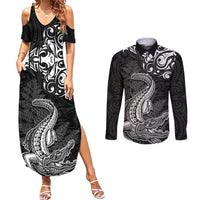 New Zealand Crocodile Tattoo and Fern Couples Matching Summer Maxi Dress and Long Sleeve Button Shirt Maori Pattern LT03 Black - Polynesian Pride