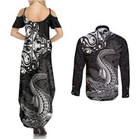 New Zealand Crocodile Tattoo and Fern Couples Matching Summer Maxi Dress and Long Sleeve Button Shirt Maori Pattern LT03 - Polynesian Pride