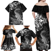New Zealand Crocodile Tattoo and Fern Family Matching Off Shoulder Maxi Dress and Hawaiian Shirt Maori Pattern LT03 - Polynesian Pride