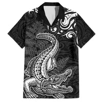 New Zealand Crocodile Tattoo and Fern Family Matching Off Shoulder Short Dress and Hawaiian Shirt Maori Pattern LT03 Dad's Shirt - Short Sleeve Black - Polynesian Pride