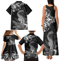 New Zealand Crocodile Tattoo and Fern Family Matching Tank Maxi Dress and Hawaiian Shirt Maori Pattern