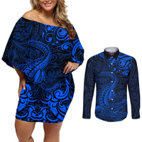 New Zealand Crocodile Tattoo and Fern Couples Matching Off Shoulder Short Dress and Long Sleeve Button Shirt Maori Pattern Blue Color LT03 Blue - Polynesian Pride