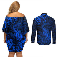 New Zealand Crocodile Tattoo and Fern Couples Matching Off Shoulder Short Dress and Long Sleeve Button Shirt Maori Pattern Blue Color LT03 - Polynesian Pride