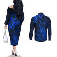 New Zealand Crocodile Tattoo and Fern Couples Matching Off The Shoulder Long Sleeve Dress and Long Sleeve Button Shirt Maori Pattern Blue Color LT03 - Polynesian Pride