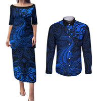 New Zealand Crocodile Tattoo and Fern Couples Matching Puletasi and Long Sleeve Button Shirt Maori Pattern Blue Color LT03 Blue - Polynesian Pride