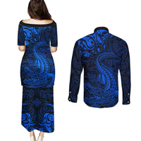 New Zealand Crocodile Tattoo and Fern Couples Matching Puletasi and Long Sleeve Button Shirt Maori Pattern Blue Color LT03 - Polynesian Pride