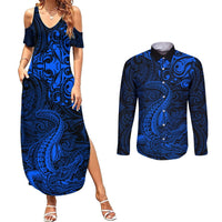 New Zealand Crocodile Tattoo and Fern Couples Matching Summer Maxi Dress and Long Sleeve Button Shirt Maori Pattern Blue Color LT03 Blue - Polynesian Pride