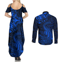 New Zealand Crocodile Tattoo and Fern Couples Matching Summer Maxi Dress and Long Sleeve Button Shirt Maori Pattern Blue Color LT03 - Polynesian Pride