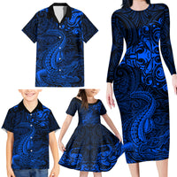 New Zealand Crocodile Tattoo and Fern Family Matching Long Sleeve Bodycon Dress and Hawaiian Shirt Maori Pattern Blue Color