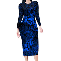 New Zealand Crocodile Tattoo and Fern Family Matching Long Sleeve Bodycon Dress and Hawaiian Shirt Maori Pattern Blue Color