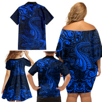 New Zealand Crocodile Tattoo and Fern Family Matching Off Shoulder Short Dress and Hawaiian Shirt Maori Pattern Blue Color LT03 - Polynesian Pride