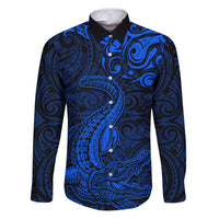 New Zealand Crocodile Tattoo and Fern Family Matching Puletasi and Hawaiian Shirt Maori Pattern Blue Color LT03 Dad's Shirt - Long Sleeve Blue - Polynesian Pride