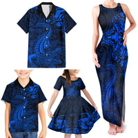 New Zealand Crocodile Tattoo and Fern Family Matching Tank Maxi Dress and Hawaiian Shirt Maori Pattern Blue Color