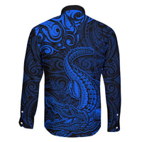 New Zealand Crocodile Tattoo and Fern Family Matching Tank Maxi Dress and Hawaiian Shirt Maori Pattern Blue Color