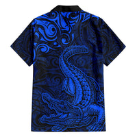 New Zealand Crocodile Tattoo and Fern Hawaiian Shirt Maori Pattern Blue Color