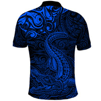 New Zealand Crocodile Tattoo and Fern Polo Shirt Maori Pattern Blue Color