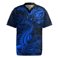 New Zealand Crocodile Tattoo and Fern Rugby Jersey Maori Pattern Blue Color LT03 Blue - Polynesian Pride