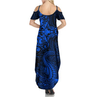 New Zealand Crocodile Tattoo and Fern Summer Maxi Dress Maori Pattern Blue Color LT03 - Polynesian Pride
