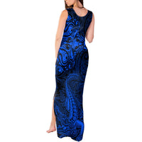 New Zealand Crocodile Tattoo and Fern Tank Maxi Dress Maori Pattern Blue Color