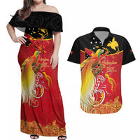 Papua New Guinea Independence Day Couples Matching Off Shoulder Maxi Dress and Hawaiian Shirt Happy Anniversary 50th Bird-of-paradise Melanesian Tattoos LT03 Black - Polynesian Pride