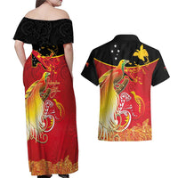 Papua New Guinea Independence Day Couples Matching Off Shoulder Maxi Dress and Hawaiian Shirt Happy Anniversary 50th Bird-of-paradise Melanesian Tattoos LT03 - Polynesian Pride