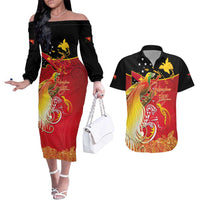 Papua New Guinea Independence Day Couples Matching Off The Shoulder Long Sleeve Dress and Hawaiian Shirt Happy Anniversary 50th Bird-of-paradise Melanesian Tattoos LT03 Black - Polynesian Pride