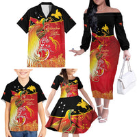 Papua New Guinea Independence Day Family Matching Off The Shoulder Long Sleeve Dress and Hawaiian Shirt Happy Anniversary 50th Bird-of-paradise Melanesian Tattoos LT03 - Polynesian Pride