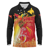 Papua New Guinea Independence Day Long Sleeve Polo Shirt Happy Anniversary 50th Bird-of-paradise Melanesian Tattoos LT03 Black - Polynesian Pride