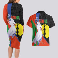 New Caledonia Couples Matching Long Sleeve Bodycon Dress and Hawaiian Shirt Kagu Bird and The Seal with Melanesian Culture LT03 - Polynesian Pride