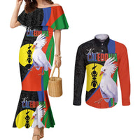 New Caledonia Couples Matching Mermaid Dress and Long Sleeve Button Shirt Kagu Bird and The Seal with Melanesian Culture LT03 Black - Polynesian Pride