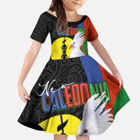 New Caledonia Family Matching Off The Shoulder Long Sleeve Dress and Hawaiian Shirt Kagu Bird and The Seal with Melanesian Culture LT03 Daughter's Dress Black - Polynesian Pride