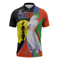 New Caledonia Zipper Polo Shirt Kagu Bird and The Seal with Melanesian Culture LT03 Black - Polynesian Pride