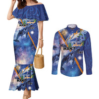 Marshall Islands Manit Day Couples Matching Mermaid Dress and Long Sleeve Button Shirt Grunge National Flag with Whales and Tribal Tattoos LT03 Blue - Polynesian Pride