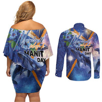 Marshall Islands Manit Day Couples Matching Off Shoulder Short Dress and Long Sleeve Button Shirt Grunge National Flag with Whales and Tribal Tattoos LT03 - Polynesian Pride