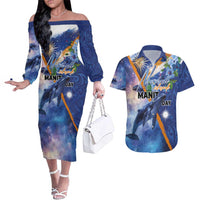 Marshall Islands Manit Day Couples Matching Off The Shoulder Long Sleeve Dress and Hawaiian Shirt Grunge National Flag with Whales and Tribal Tattoos LT03 Blue - Polynesian Pride