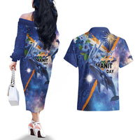Marshall Islands Manit Day Couples Matching Off The Shoulder Long Sleeve Dress and Hawaiian Shirt Grunge National Flag with Whales and Tribal Tattoos LT03 - Polynesian Pride